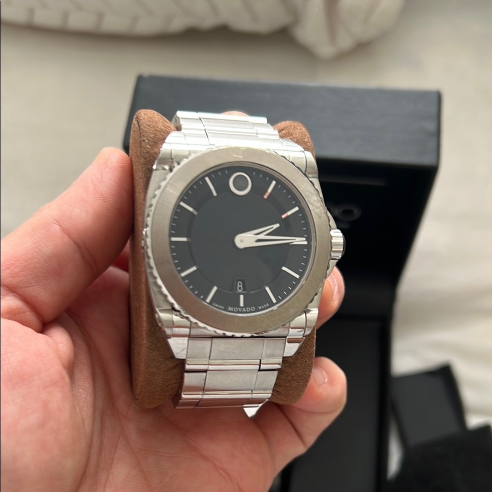 Movado Silver Watch with Black Dial